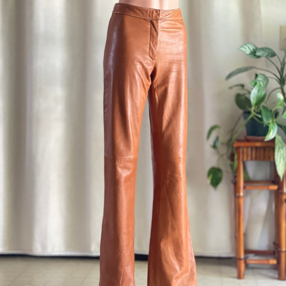 Vintage 90s Cache Cognac‎ Brown Genuine Leather Flare Pants Bootcut Trousers 10